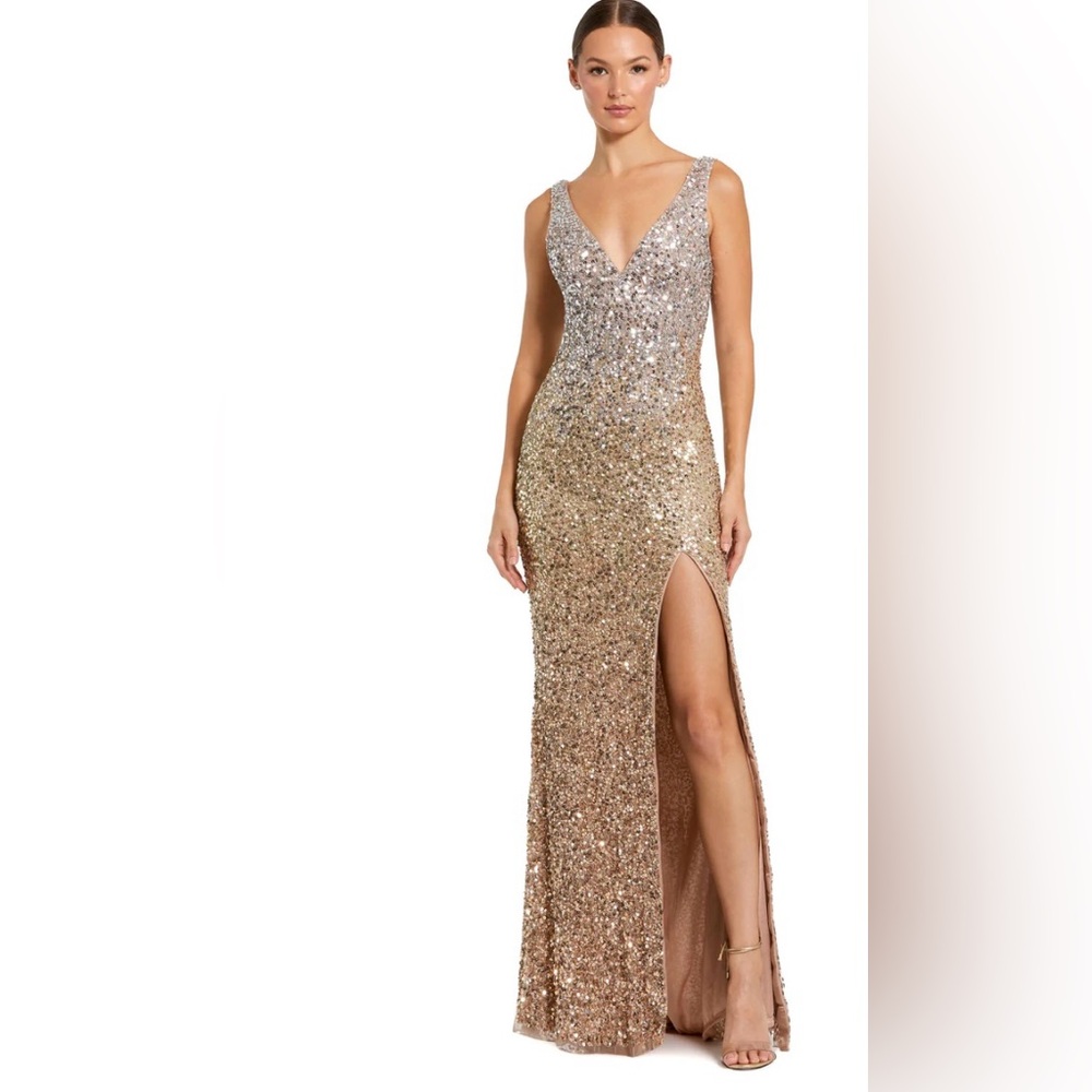SEQUINED SLEEVELESS V NECK SIDE SLIT GOWN Size 4